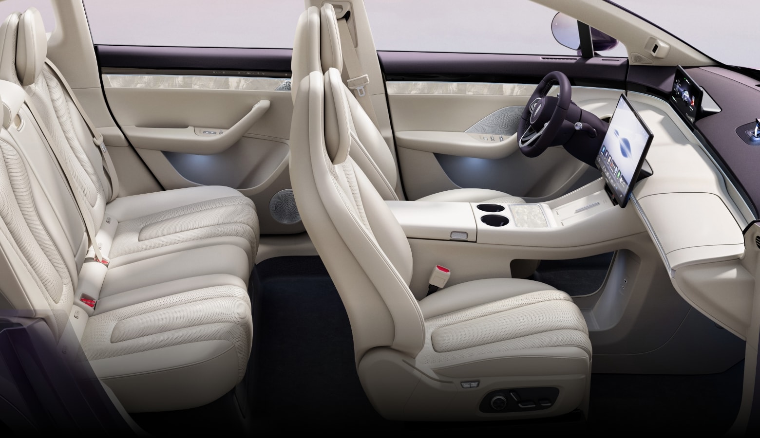 Luxeed R7 interior side view, highlighting its spacious front and rear seating