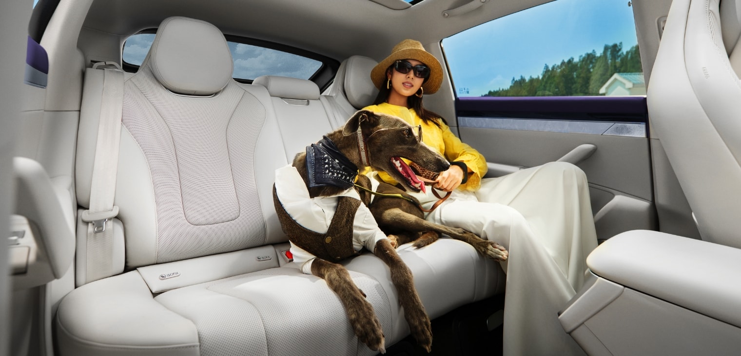 Driver and front passenger enjoying the ride, showcasing the Luxeed R7's sound insulation