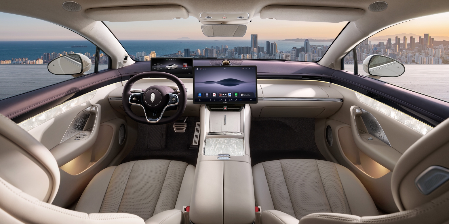 Showcases the wraparound yacht-inspired cockpit of the Luxeed New S7